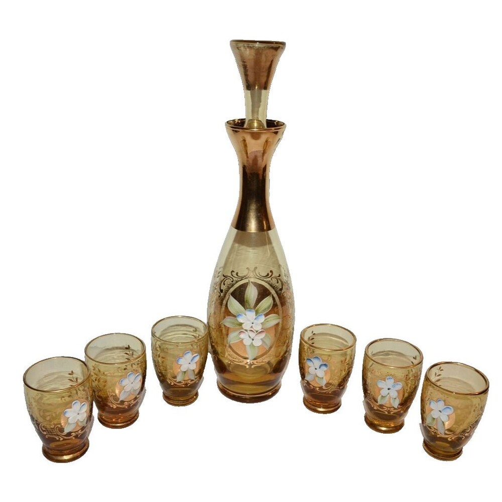 Vtg Murano Venetian Art Glass Decanter Cordial Glass set gold Barware flaws